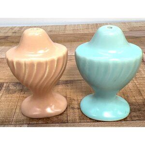 Vintage  McCoy Ceramic Salt & Pepper Shakers In Blue & Peach With Swirl Design